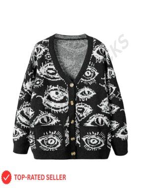 Plus Size Eye Print Goth Cardigan Grunge Punk Sweater Button Down